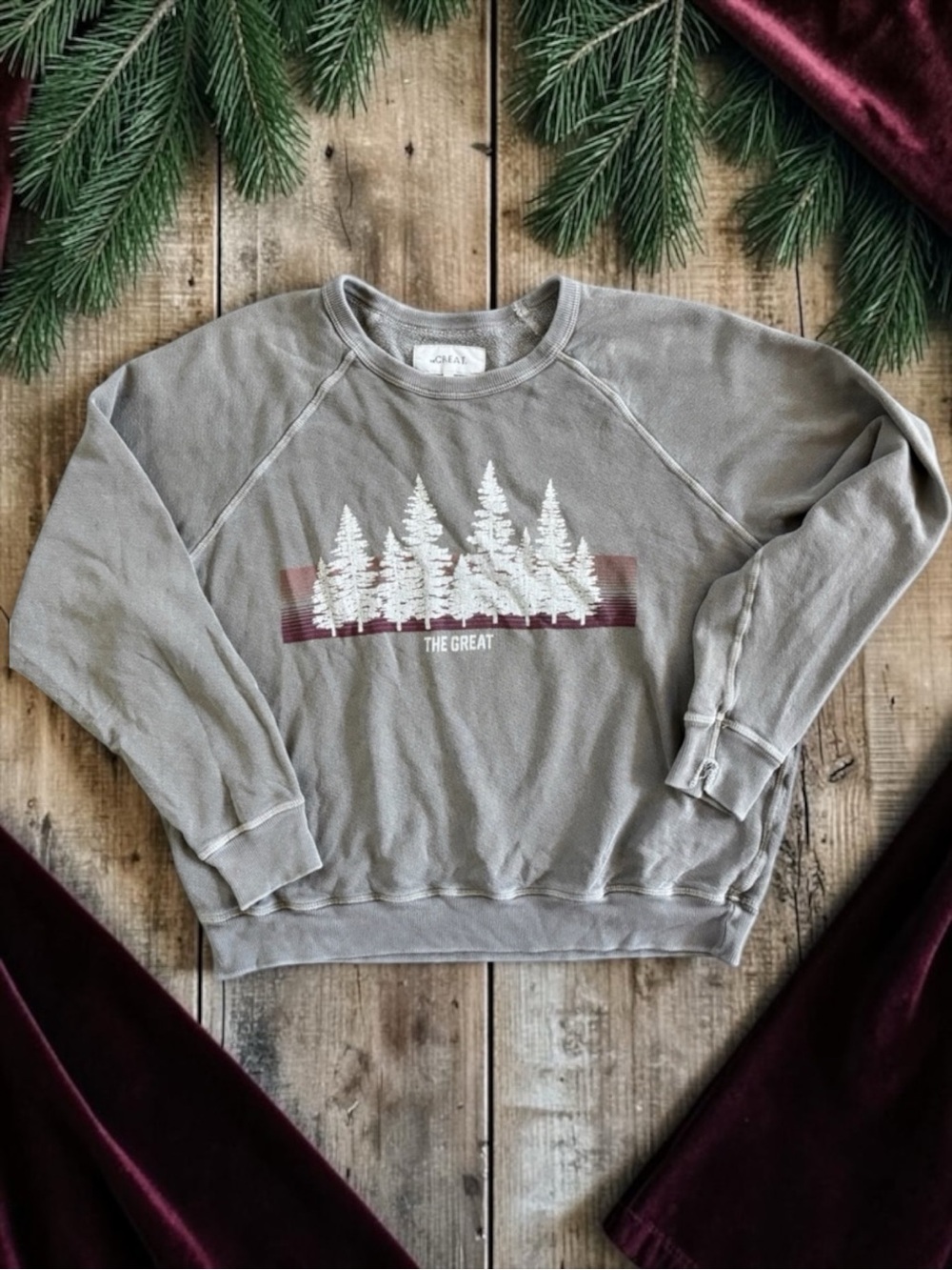 THE GREAT. College Sweatshirt with Forest Graphic in a Muted Army Green (M)